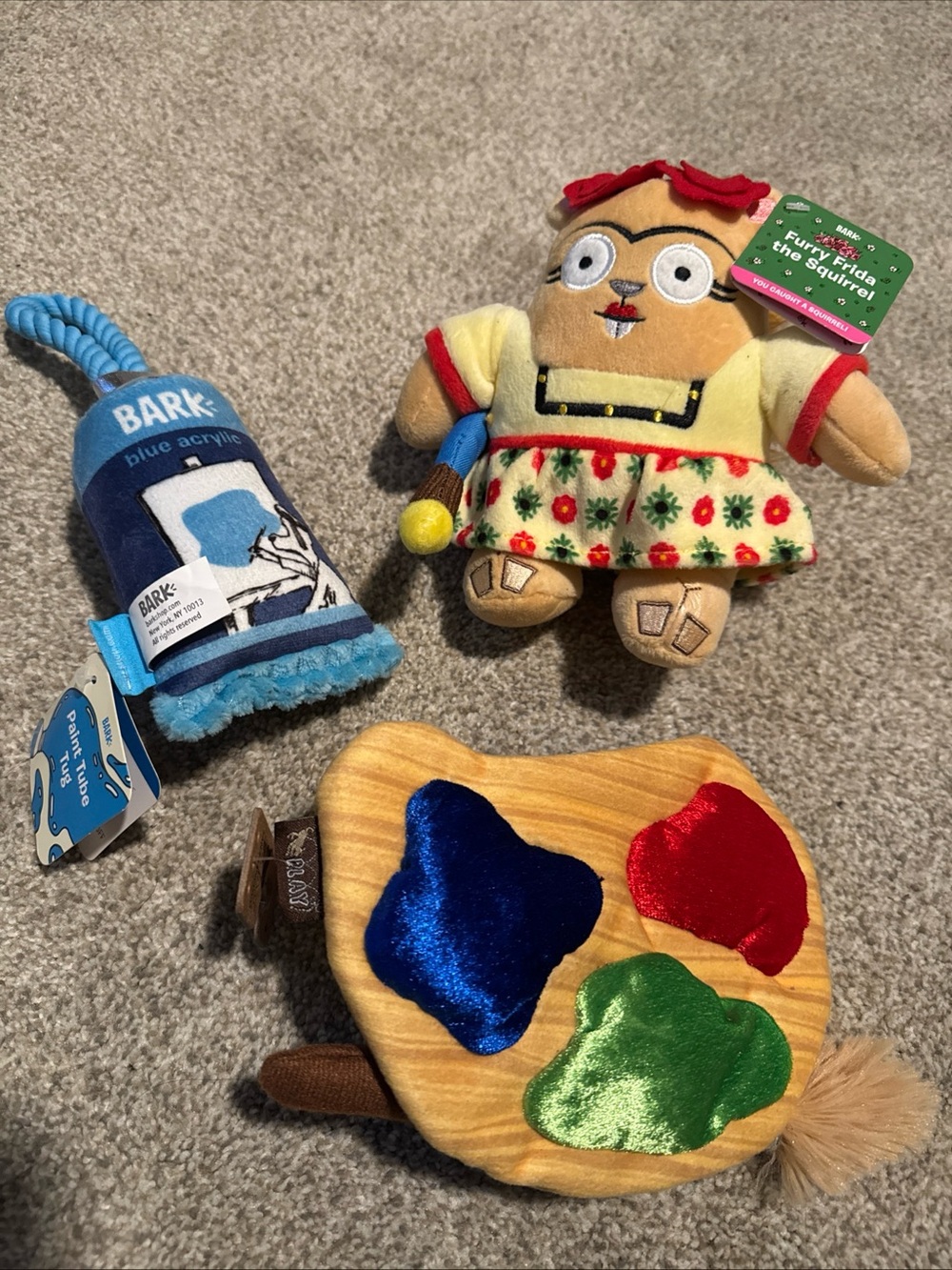 Rare Dog Barkbox Tug Toy, Plush Squirrel & Paint Palette (never used)